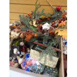 A parcel of Christmas decorations, old marbles, vintage commemorative tin with contents ETC