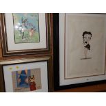 A Grim limited edition (98/300) print of Betty Boo, 69 x 49cms together with two framed cartoon