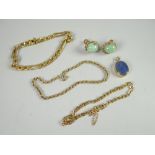 Three 9ct yellow gold chains, 13grams together with a 9ct yellow gold set cabochon earrings and a