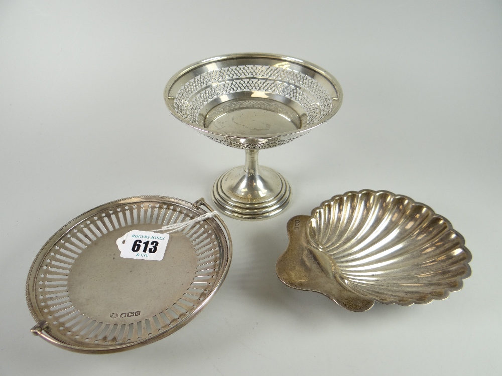 Three silver bon-bon dishes comprising a pierced circular example raised over a circular spreading