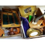 Two boxes of mainly treen items including bookends, bowls, small cutlery tray, shield mounted antler