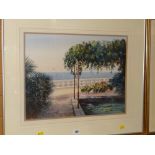 P RICHARDSON watercolour - a view toward the Mediterranean across garden, signed, dated '89, 39 x