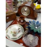 A parcel of mixed items including mantel clock, mother of pearl inlaid rosewood tea caddy, horse