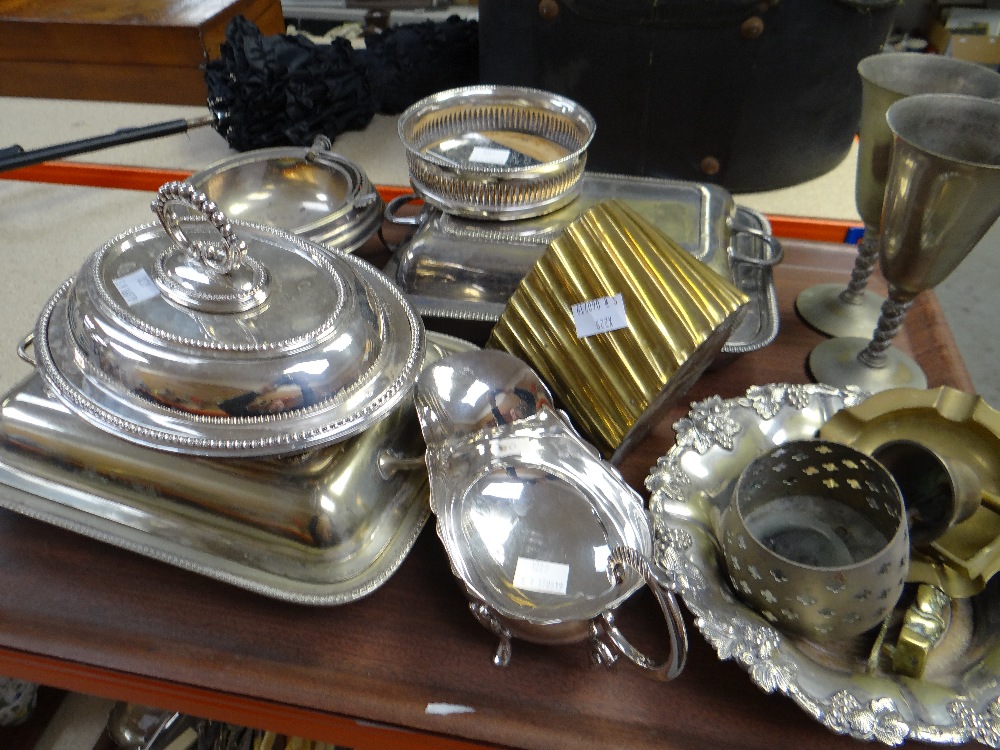 A tray of various EPNS including entree dishes, bottle coasters ETC Condition reports provided on
