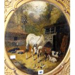 JOHN FREDERICK HERRING JNR oil on canvas, circular format - white horse in a yard with buildings a