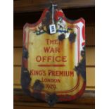 Vintage enamel sign 'The War Office - King's Premium London 1929' Condition reports provided on