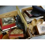 Two boxes of various collectables including bookends, wooden boxes, place mats ETC Condition reports