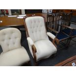 Pair of oak barley-twist open armchairs together with show frame button back fireside chair and