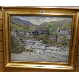 MONTAGUE LEDGER oil on canvas - Snowdonia village entitled verso "confluence of rivers Beddgelert"