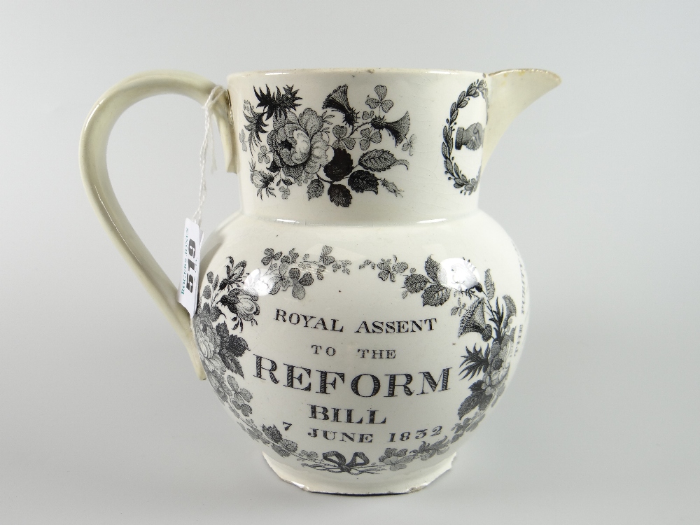 A Swansea pottery commemorative jug for 'Royal Ascent to the Reform Bill, 7 June 1832' with