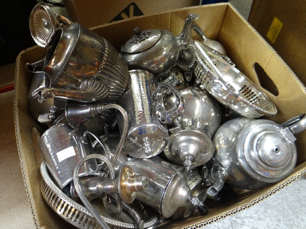 Box of various EPNS mainly teaware, small tray ETC Condition reports provided on request by email