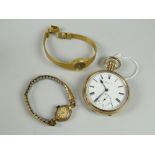 Gents gold plated Prescot pocket watch together with two plated ladies' wristwatches in associated