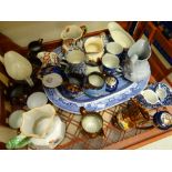 Crate containing a large blue & white platter, lustre jugs, blue & white china ETC Condition reports
