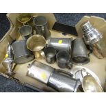 Box of assorted silver plate and pewter to include caster, sauce boat on stand, curved gentleman's