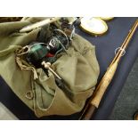 A Martin James vintage split cane two-piece fly fishing rod with cork handle and canvas bag pack