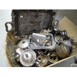 Box of various mainly EPNS including large lidded jug, twin handled tray, entree dishes ETC