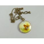 9ct yellow gold framed Royal Worcester porcelain pendant painted with a single perched robin, signed
