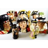 Seven Royal Doulton military figure character jugs comprising Lord Kitchner, Captain Bligh, The