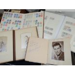 Two Edwardian photo albums with contents, two stamp albums with contents and a vintage autograph