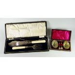 Cased silver plated fish knife and fish server and fork together with cased EPNS pair of salts and