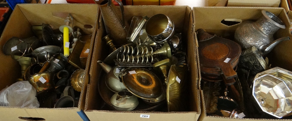 Three boxes of various metalware including EPNS, brass candlesticks, cocktail shaker, bellows ETC