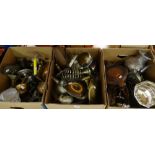 Three boxes of various metalware including EPNS, brass candlesticks, cocktail shaker, bellows ETC