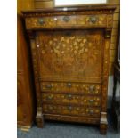 Nineteenth century mixed wood marquetry full front secretaire depicting birds, flowers and foliage
