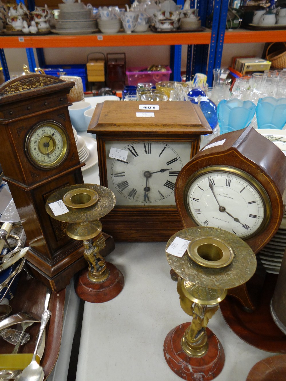 An Edwardian inlaid mahogany balloon clock, a vintage square dial mantel clock, a miniature longcase