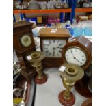 An Edwardian inlaid mahogany balloon clock, a vintage square dial mantel clock, a miniature longcase