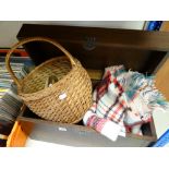 A wooden box together with a wicker basket, blanket and other wooden pieces Condition reports