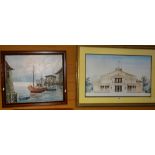 A framed architectural print together with an oil painting of ships in a harbour, river scene and