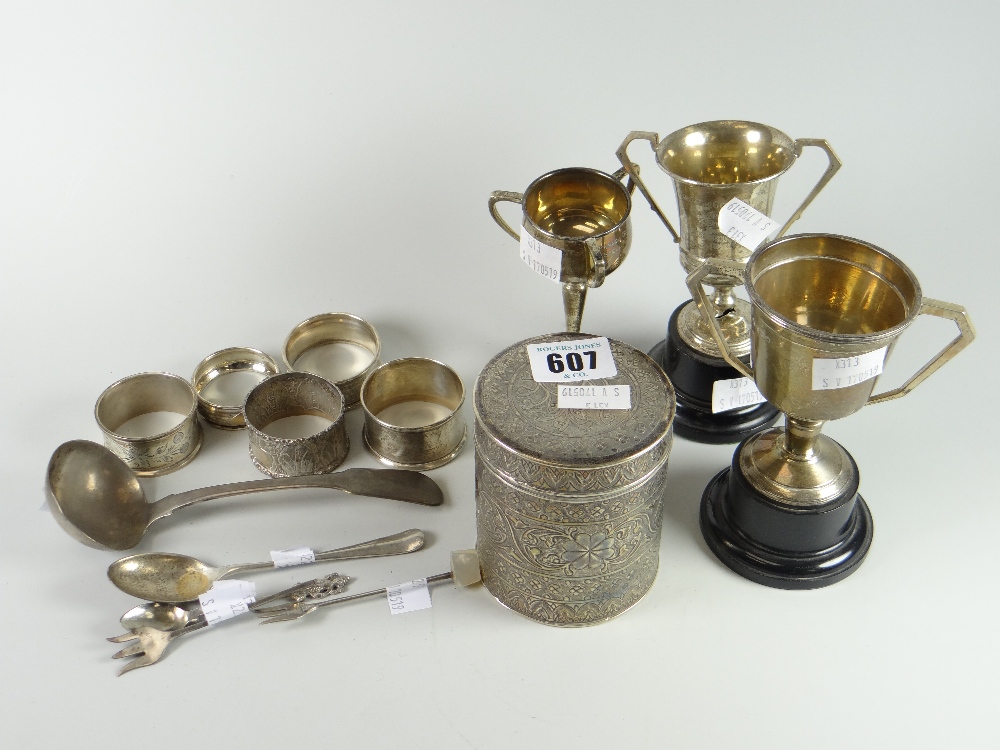 A parcel of mixed silver items including believed Indian silver lidded casket, a pierced silver