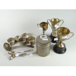 A parcel of mixed silver items including believed Indian silver lidded casket, a pierced silver