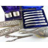 Parcel of silver / part-silver including two clothes brushes, cased set of six all-silver butter