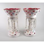 Pair of antique Bohemian glass floral-painted drop lustre vases, 25cms high