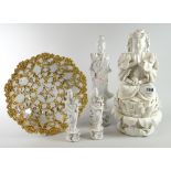 Group of blanc de chine figurines (A/F) (4) together with modern Meissen gilt shell & scroll