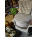 A white painted Lloyd Loom chair, two vintage tub-type chairs and another Condition reports provided