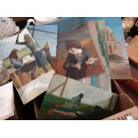 RICHARD O'CONNELL parcel of early unframed oils on panel depicting school children in Chelmsford
