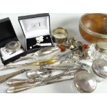 A parcel of silver / part-silver items including flatware, etui together with a small parcel of