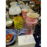 A parcel of glassware including drop lustre vases, an LSA international art glass vase, boxed