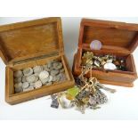A carved continental cigar box with coinage contents together with a hardwood box with mother of