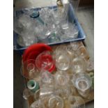 Two trays of various glassware including drinking glasses, vases ETC Condition reports provided on