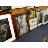 A parcel of large framed prints and paintings including a series of four still life oil paintings in