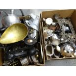 Two boxes of various metalware including EPNS teaware, bottle coasters, kitchen scales ETC Condition