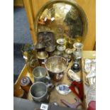 A parcel of mixed metalware including trench-art decorated brass vase, white metal vintage purse ETC
