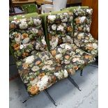 A set of six mid-century swivel armchairs with floral cushion seats raised over chrome spider