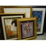 A parcel of framed pictures including large framed limited edition print of performing clowns