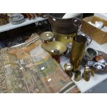 A parcel of metalware including scales, hip flask, brass preserve pan and a tapestry wall hanging