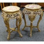 Pair of Oriental gilt painted hardwood jardiniere or plant stands of octagonal form with marble