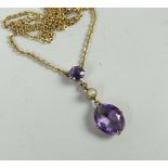 A fine 9ct yellow gold necklace with attached amethyst and seed pearl drop pendant Condition reports